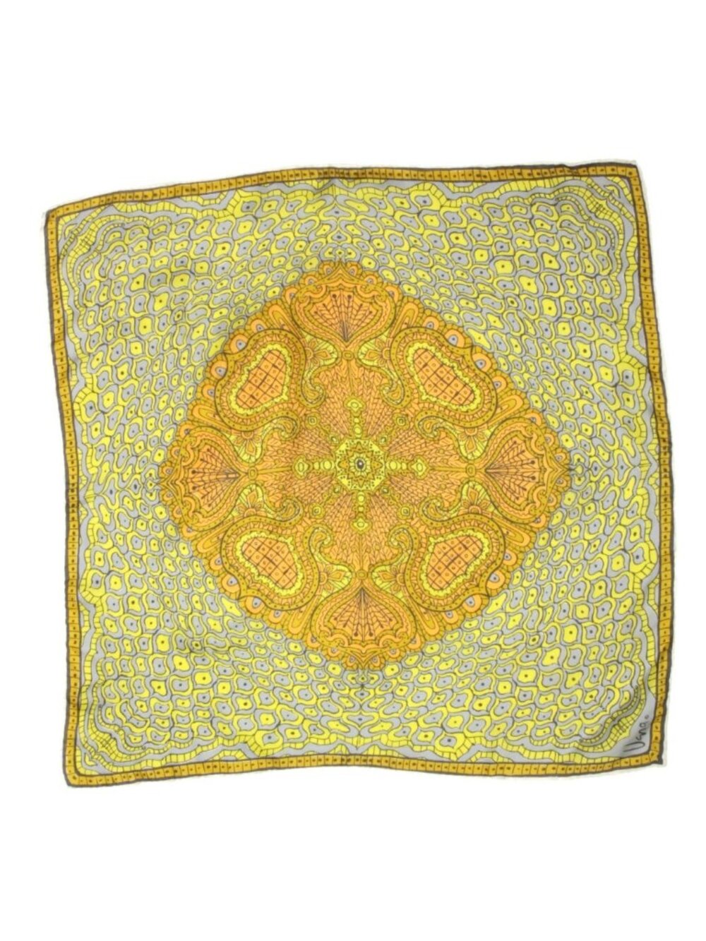 Vintage VERA Neuman Psychedelic Mod Yellow Orange on Gray Scarf Japan 23x23